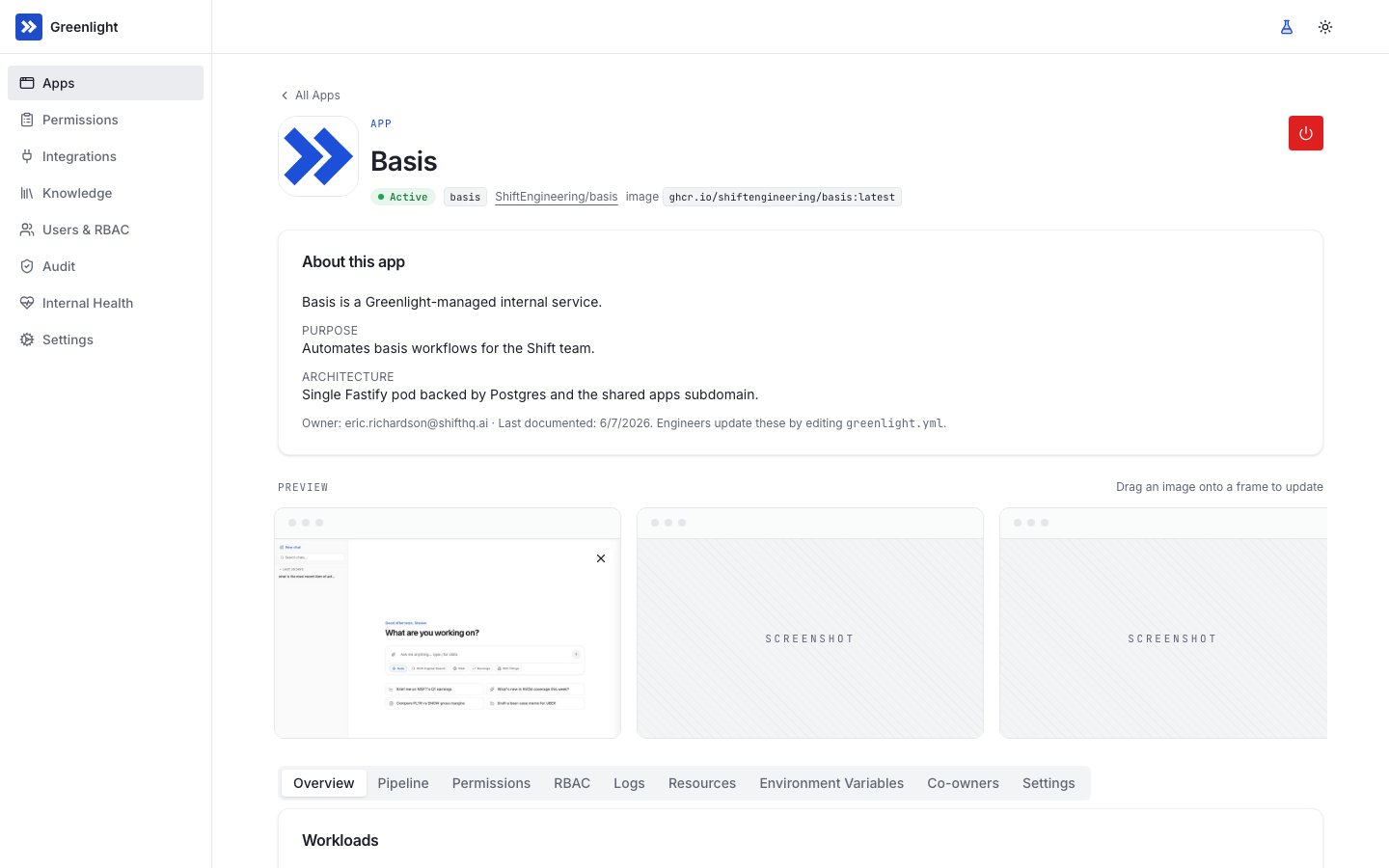 The app detail page for Basis, showing the app icon, active status badge, repo link, description, a screenshot preview, and tabs for Overview, Deployments, Access, Monitoring, and Configuration.